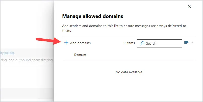 Manage allowed domains pane with the Add domains button