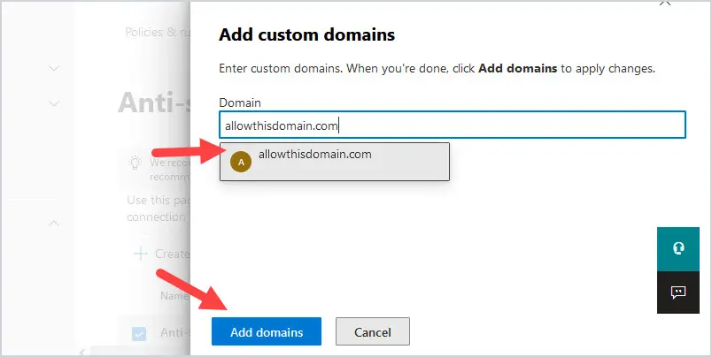 Add domains box with a fully qualified domain name typed in and selected