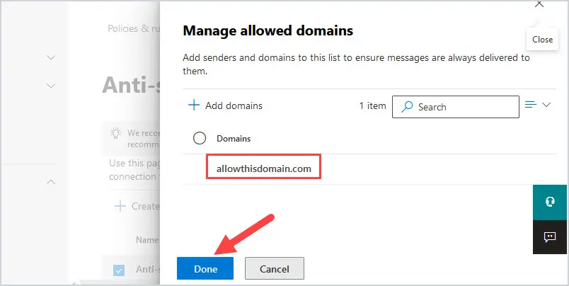 Manage allowed domains list showing the newly added domain with the Done button