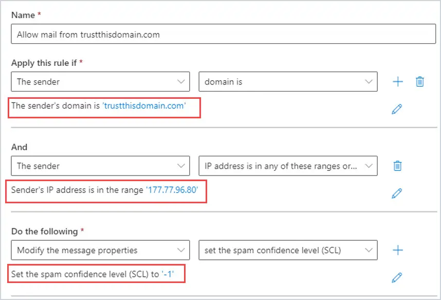 Completed transport rule matching both the sender domain and its public IP address