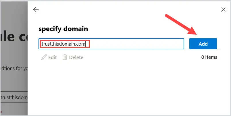 Specify domain dialog with the fully qualified domain name entered and added to the list