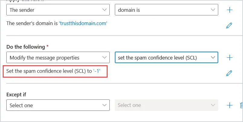 Rule action showing the spam confidence level set to minus 1 after bypassing spam filtering