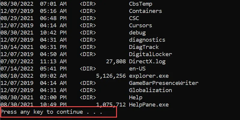 dir /p output paused partway through a long directory listing