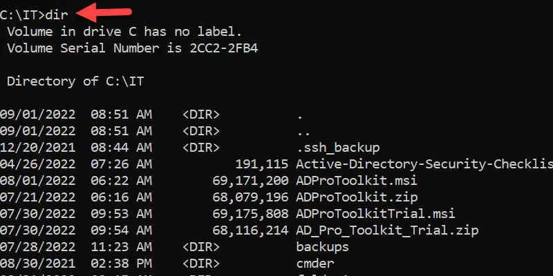 dir command output listing the files and folders in the current directory