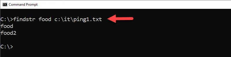 findstr output showing the two lines in the file that contain the search string