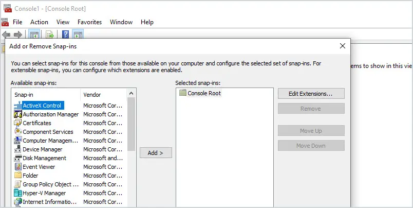 Empty Microsoft Management Console ready for snap-ins to be added