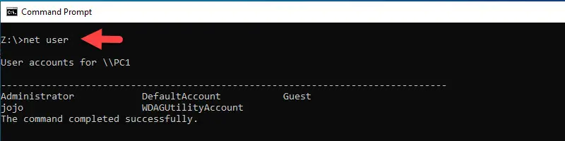 net user output listing the local accounts on a PC