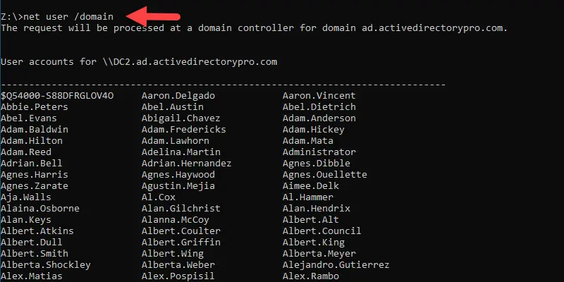 net user /domain output listing all user accounts from the domain controller