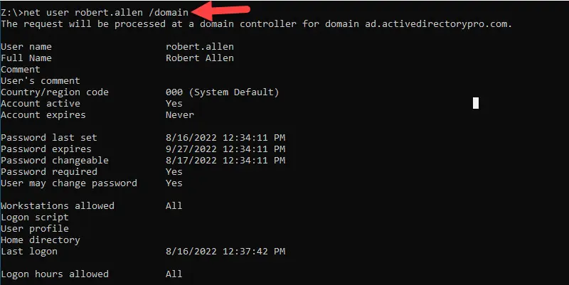 net user output showing account details for a single domain user