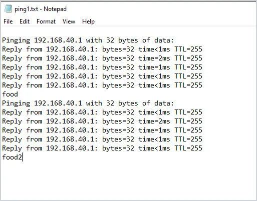 Text file of ping output containing the word food that findstr will search for