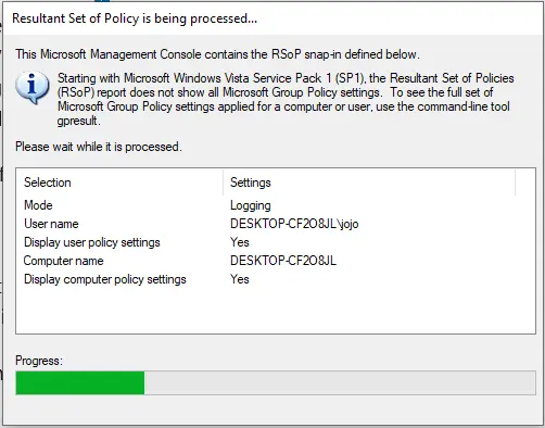 Resultant Set of Policy console showing the policies applied to the computer and user