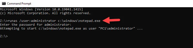 runas command prompting for the administrator password before launching Notepad