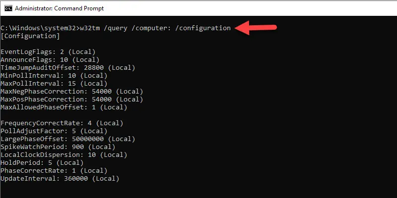 w32tm query output showing the Windows time service configuration