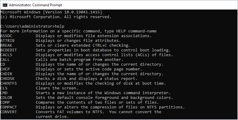 help command output listing the built-in Windows commands