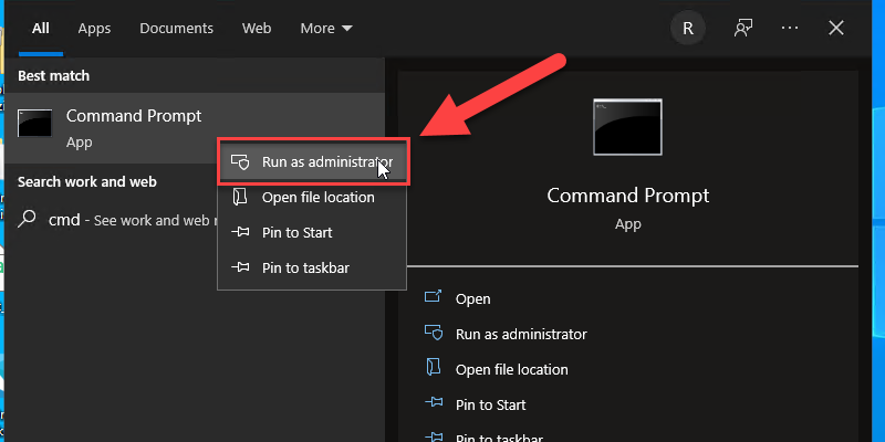 Start menu with Command Prompt right clicked and Run as administrator selected