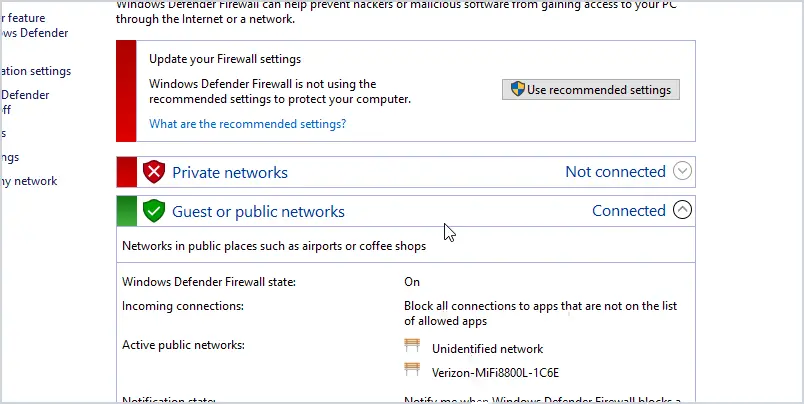 Firewall status page showing it on for public but off for private networks