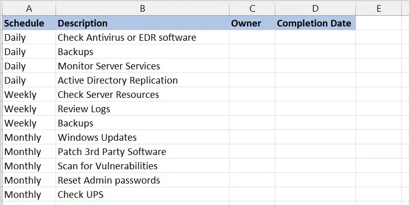Excel maintenance checklist template with tasks and owner columns