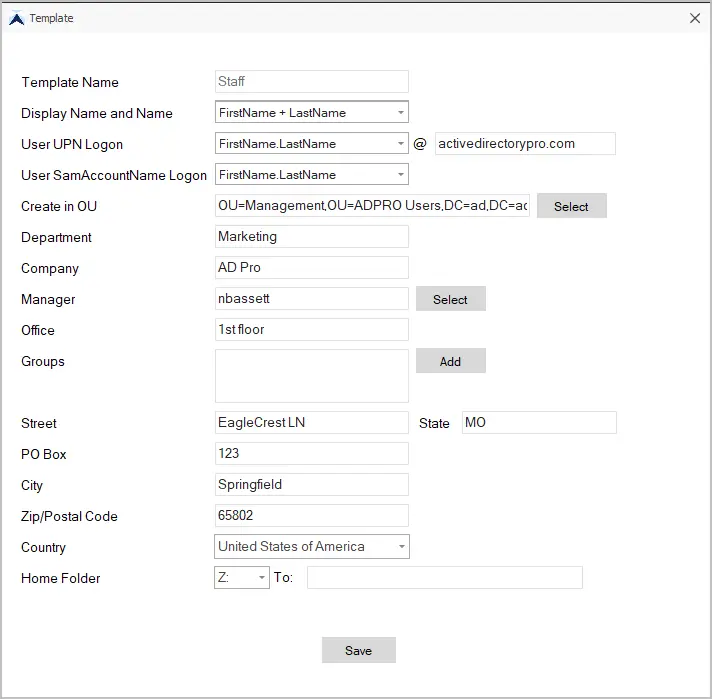 user template form