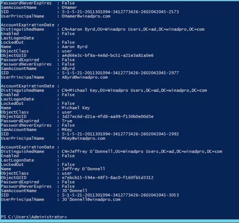 powershell list disabled user accounts