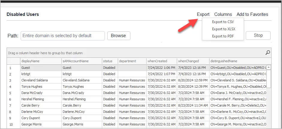 export all disabled users