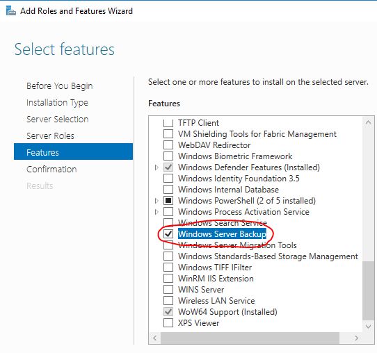 select windows server backup