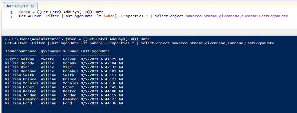 powershell find inactive users