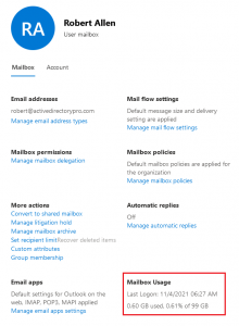 get mailbox size office 365 powershell in gb