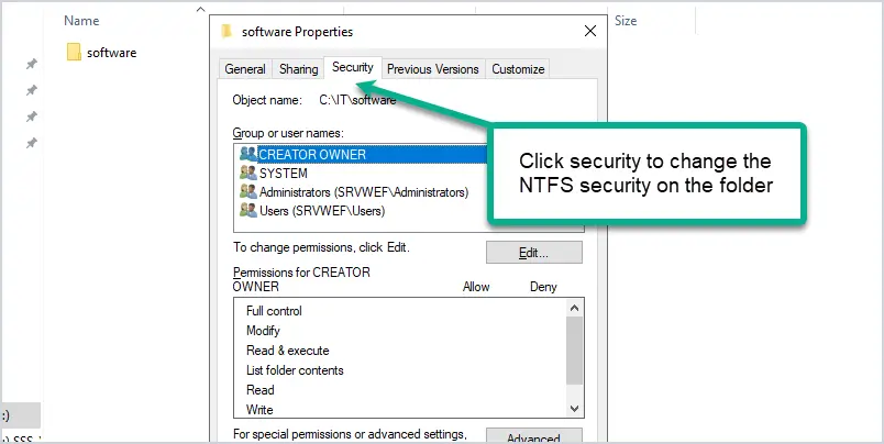 NTFS security screen