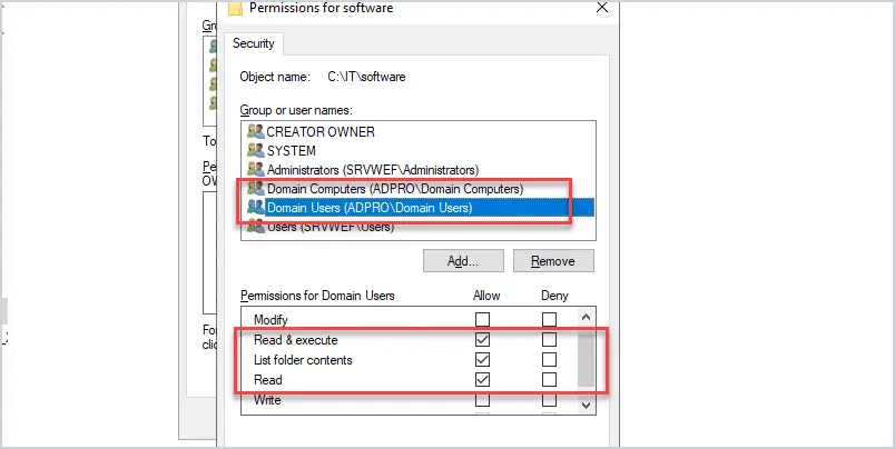 ntfs security permissions for domain users and computers