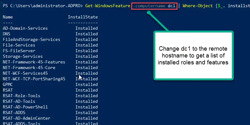 installed features on remote computer