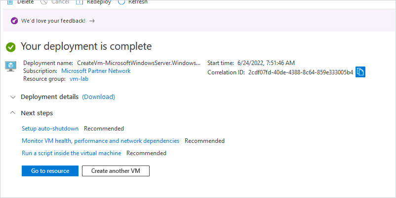 virtual machine deployment completed