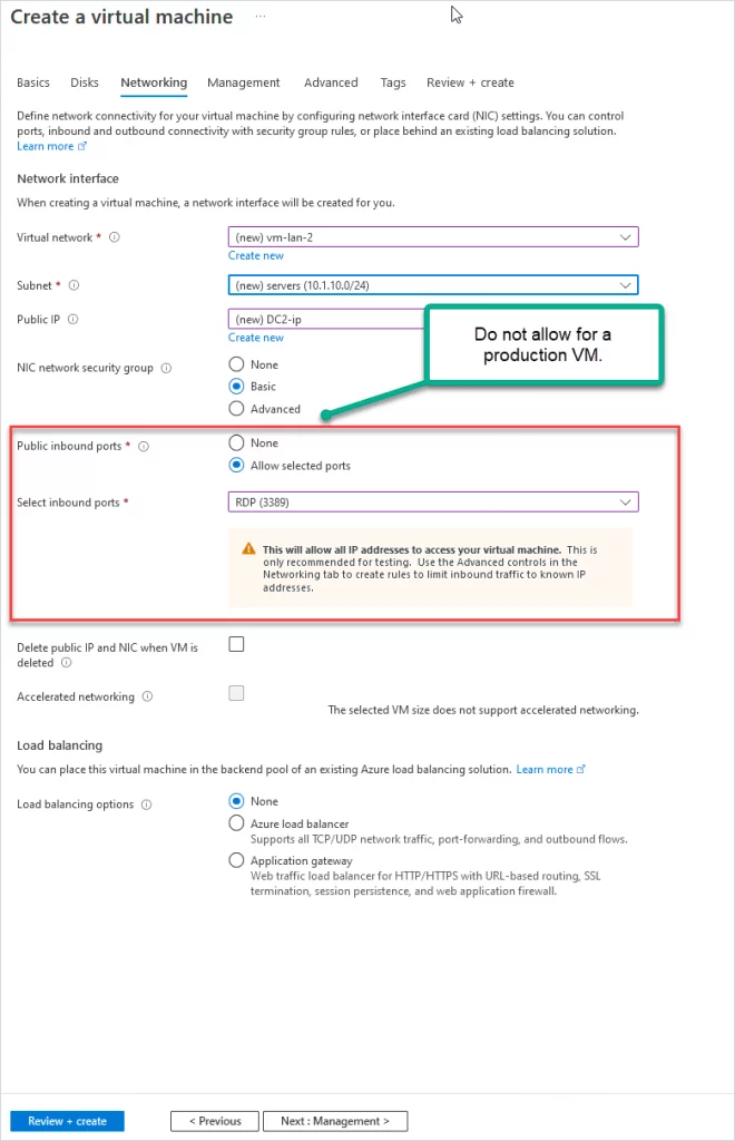 virtual machine network inbound ports