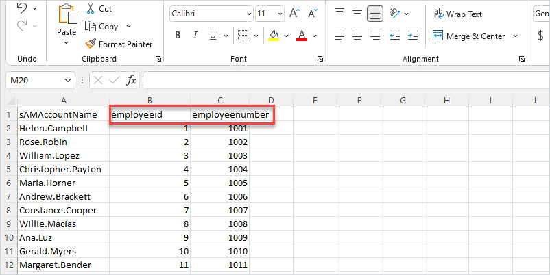csv template for empoyeeid attribute