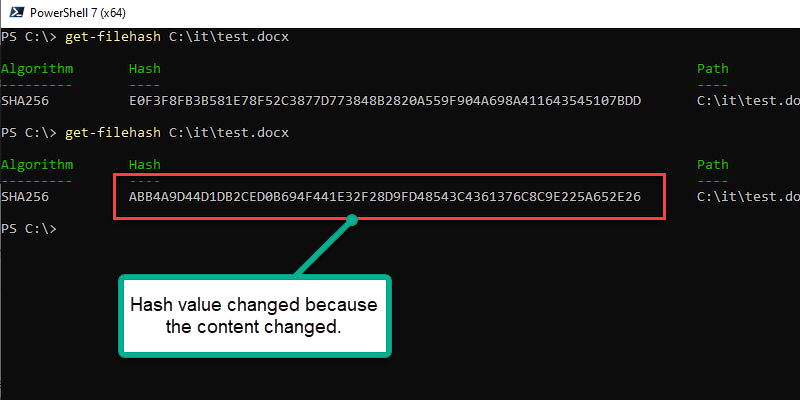 check hash value after content change