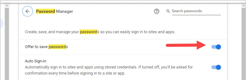 chrome password manager enabled screenshot