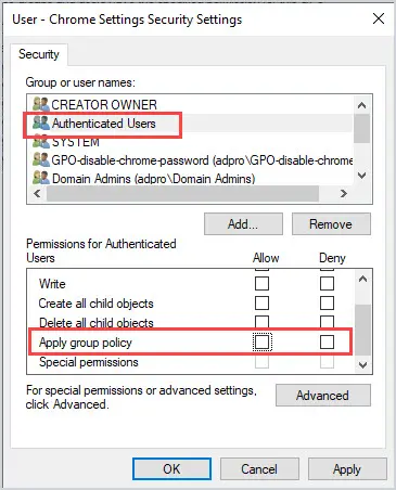 remove apply group policy authenticated users