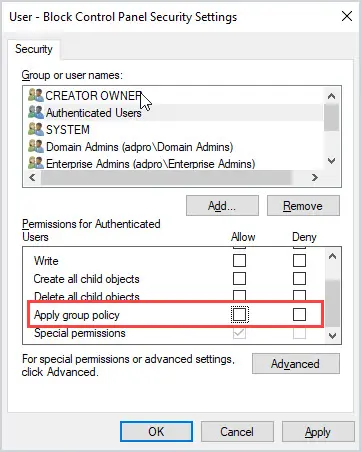 remove apply group policy permissions
