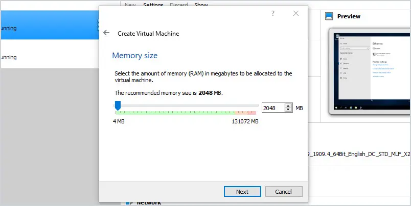 virtual server memory settings