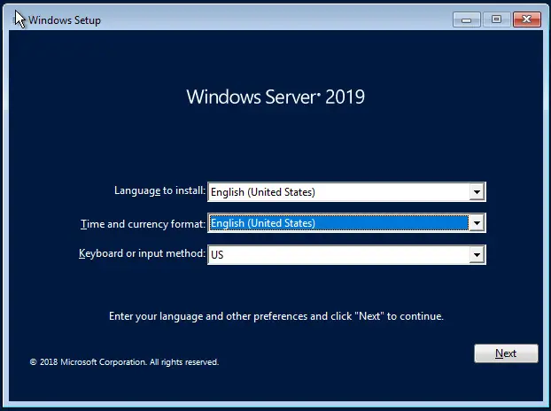 select windows server 2019 language
