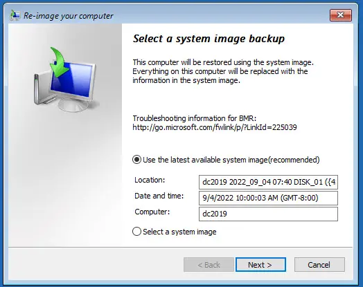 select backup image