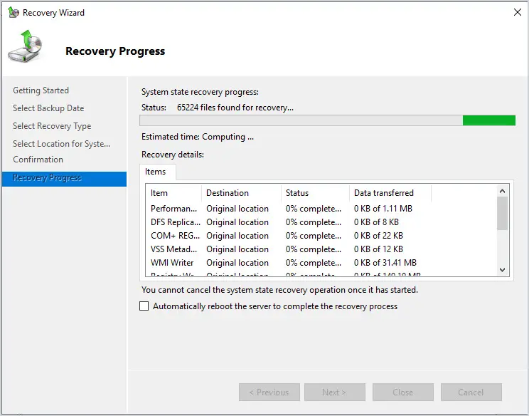 system state recovery progress