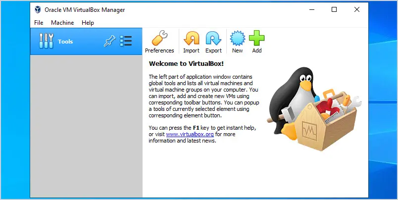 virtualbox welcome page