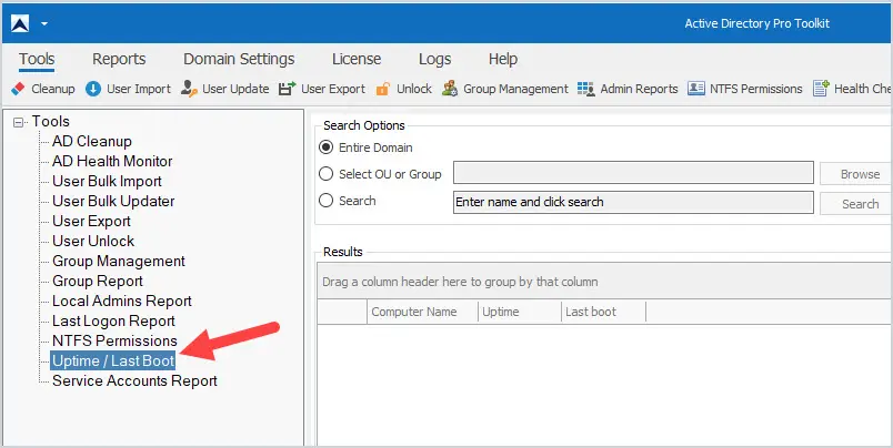 check windows server uptime using the ad pro toolkit