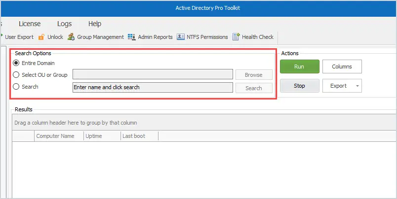 uptime select search options