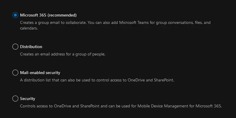 select Microsoft 365 group type