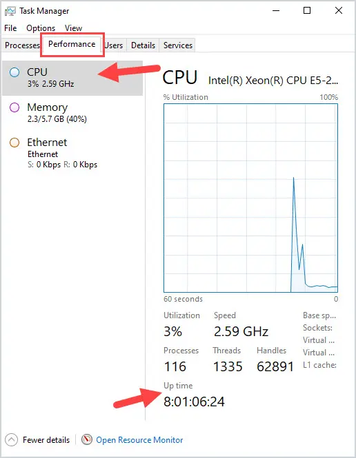 check uptime using task manager