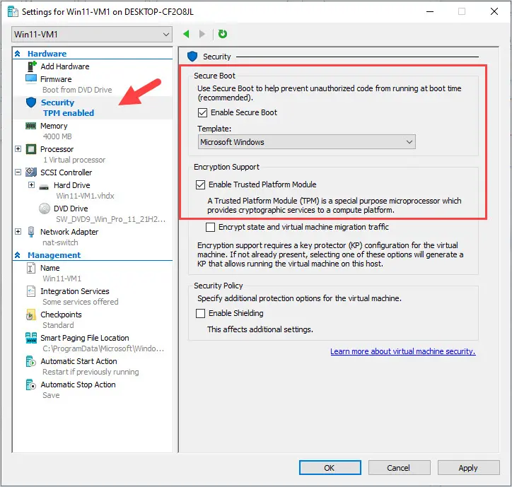 enabled secure boot and TPM