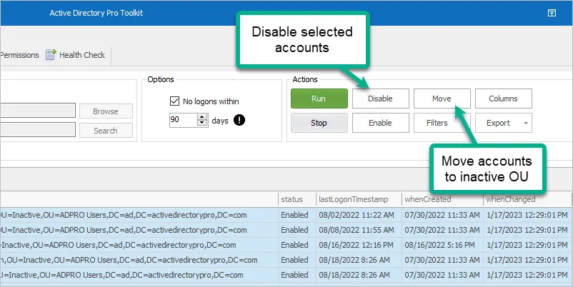 bulk disable and move inactive accounts in active directory