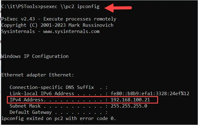 using psexec to get remote ip settings