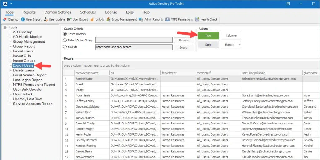 list attributes using the export users tool